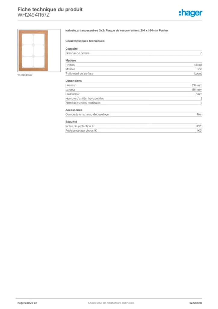 Image Hager Fiche technique du produit WH24941157Z | Hager Suisse