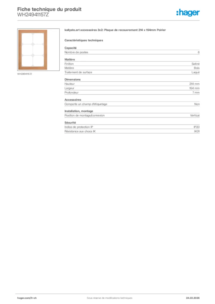 Image Hager Fiche technique du produit WH24941157Z | Hager Suisse