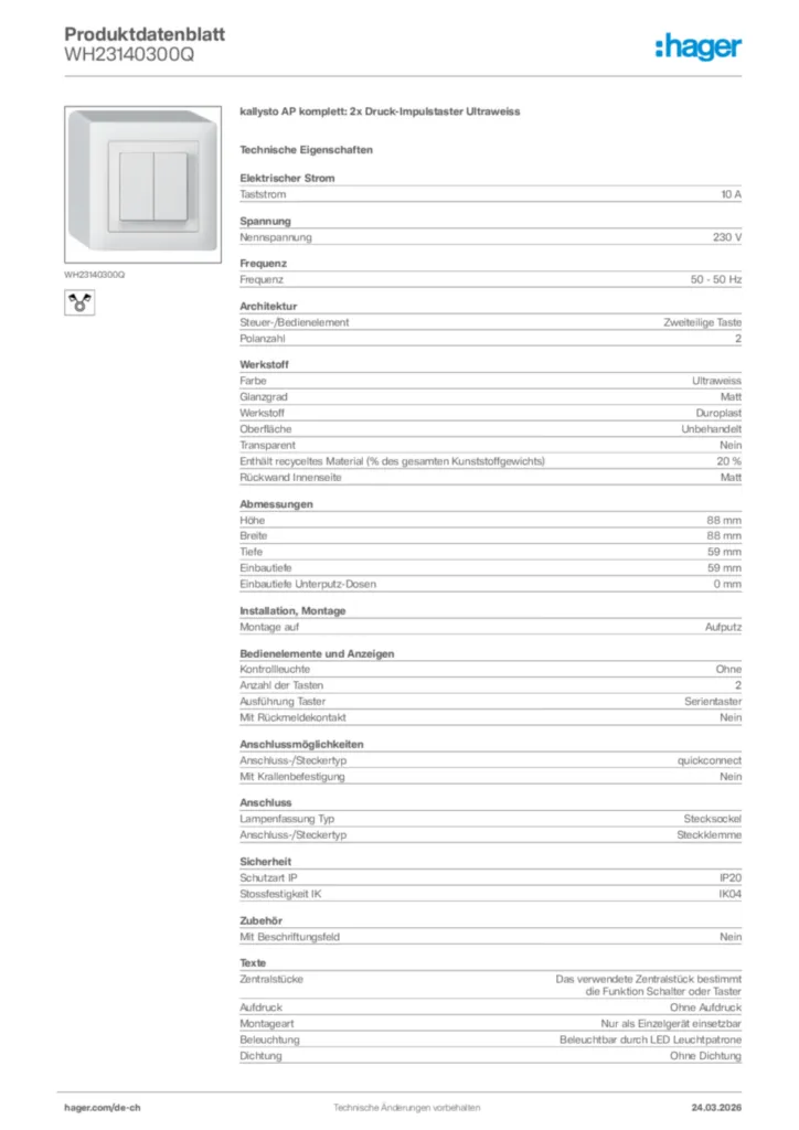 Bild Hager Produktdatenblatt WH23140300Q | Hager Schweiz
