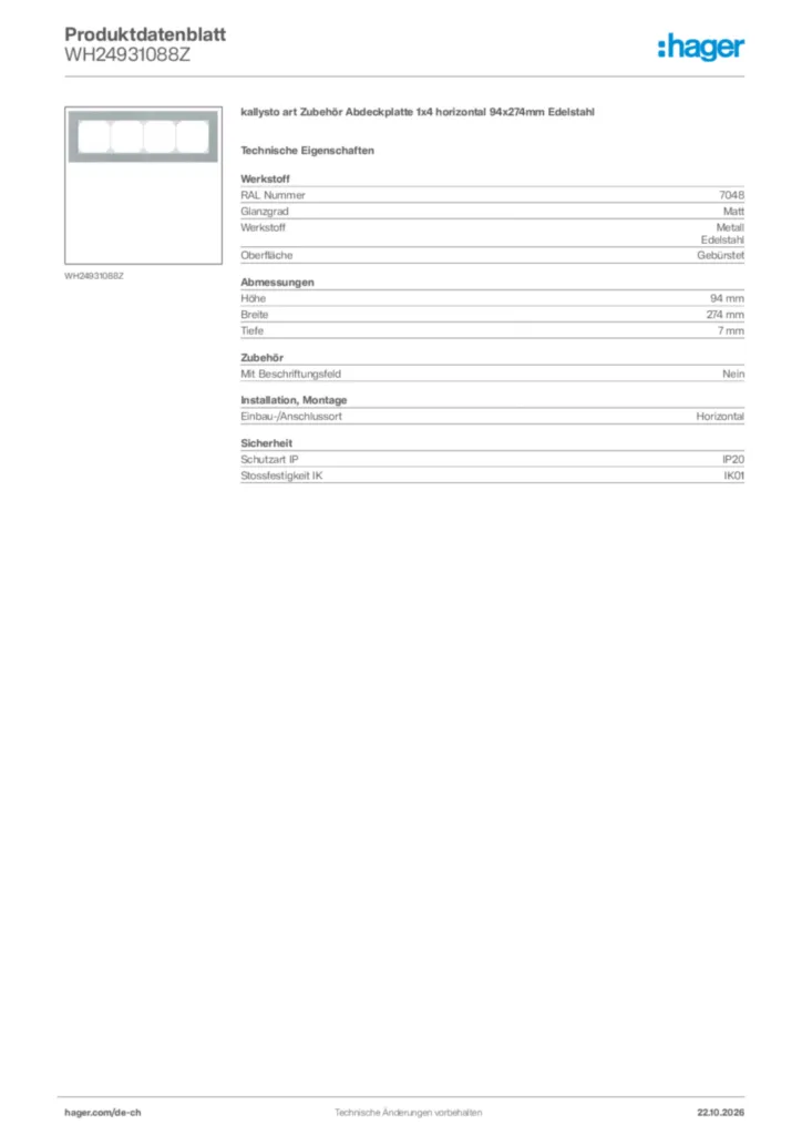 Bild Hager Produktdatenblatt WH24931088Z | Hager Schweiz