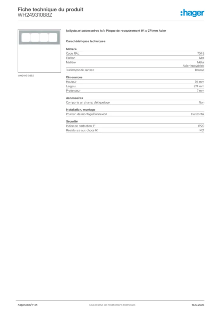 Image Hager Fiche technique du produit WH24931088Z | Hager Suisse