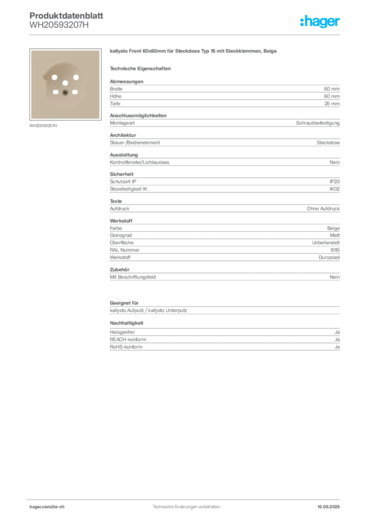Bild Hager Produktdatenblatt WH20593207H | Hager Schweiz