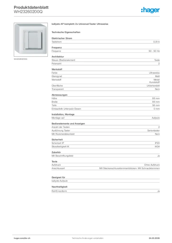 Bild Hager Produktdatenblatt WH23260200Q | Hager Schweiz