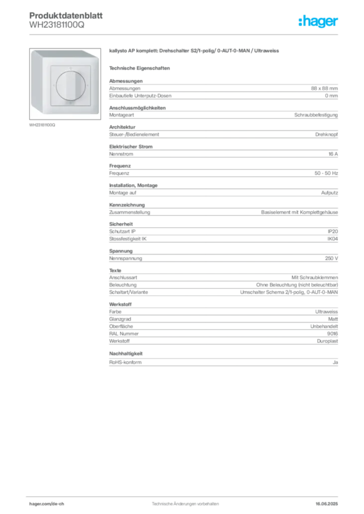 Bild Hager Produktdatenblatt WH23181100Q | Hager Schweiz