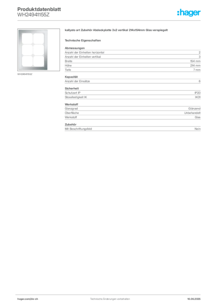 Bild Hager Produktdatenblatt WH24941155Z | Hager Schweiz