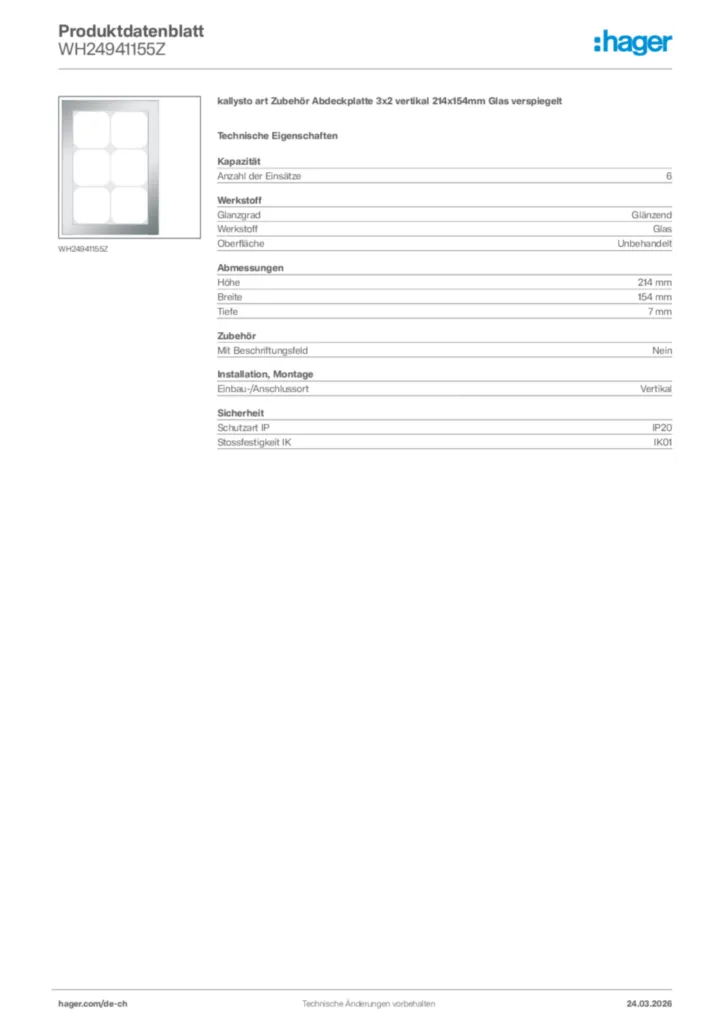 Bild Hager Produktdatenblatt WH24941155Z | Hager Schweiz