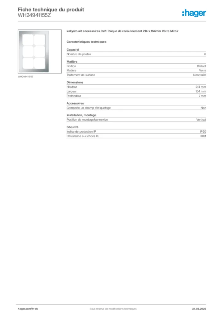 Image Hager Fiche technique du produit WH24941155Z | Hager Suisse