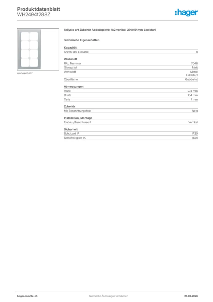 Bild Hager Produktdatenblatt WH24941288Z | Hager Schweiz