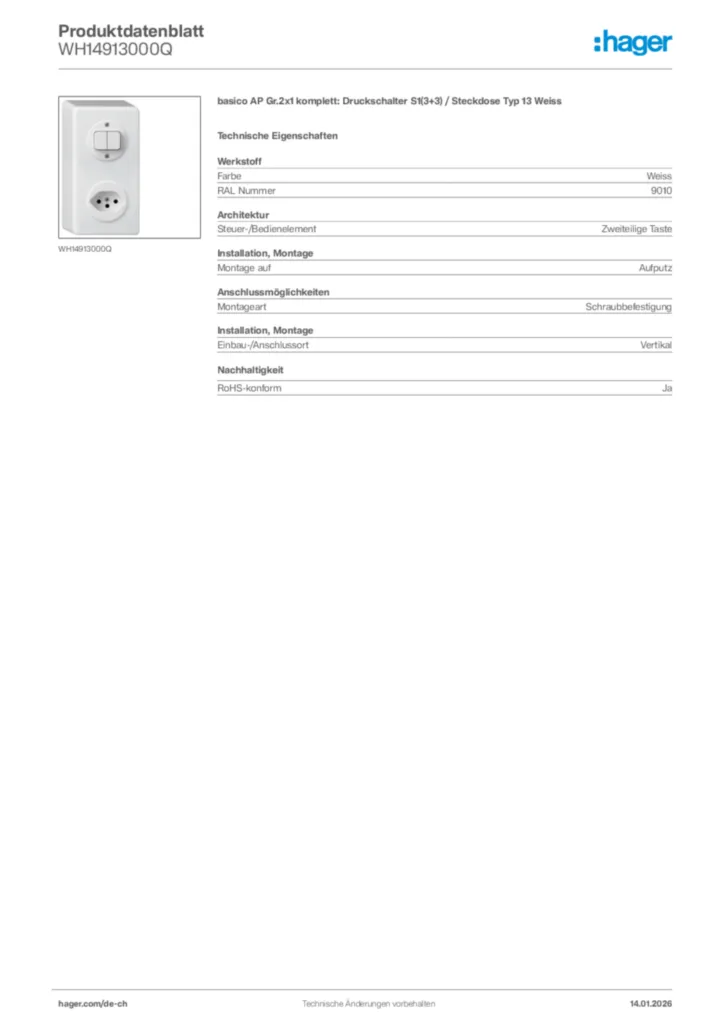 Bild Hager Produktdatenblatt WH14913000Q | Hager Schweiz