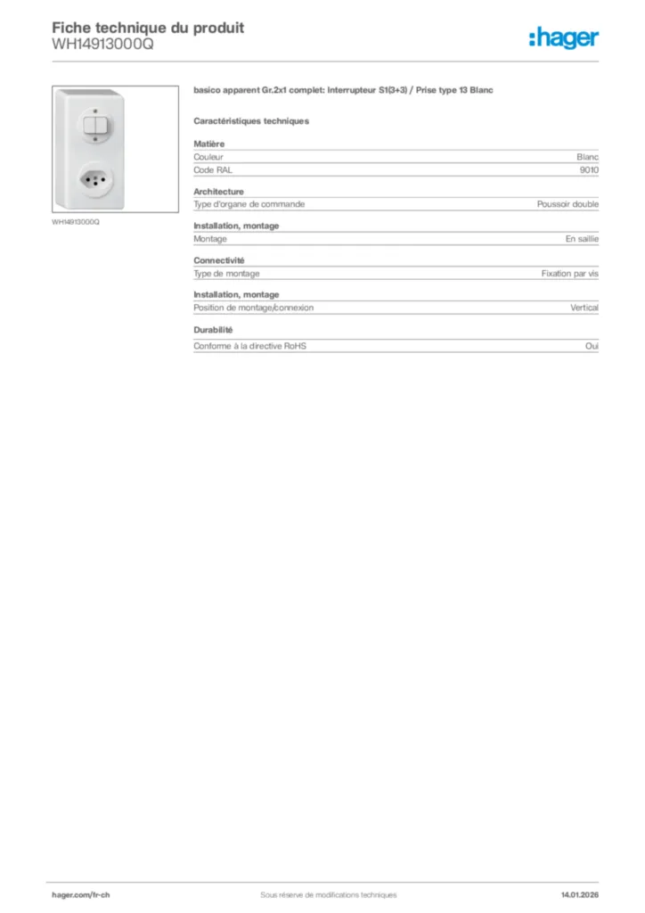 Image Hager Fiche technique du produit WH14913000Q | Hager Suisse