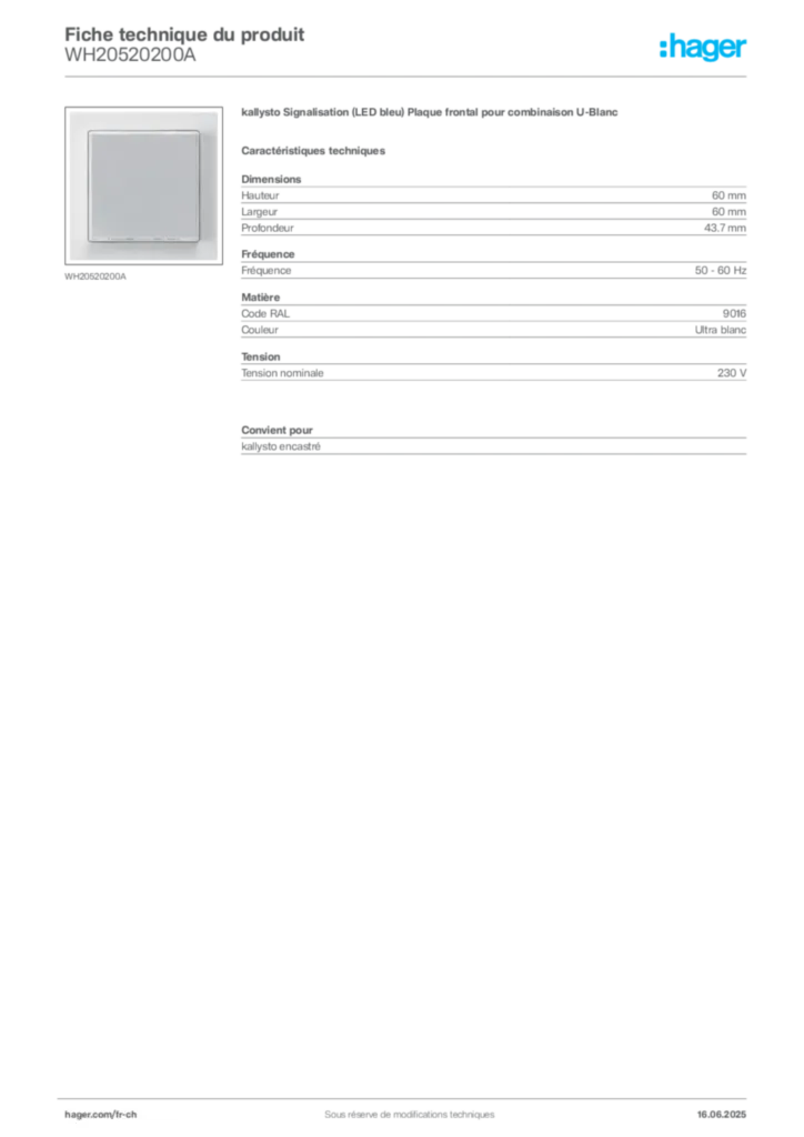Image Hager Fiche technique du produit WH20520200A | Hager Suisse