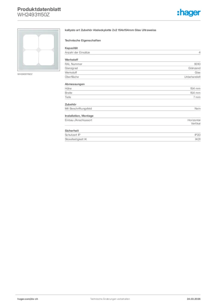 Bild Hager Produktdatenblatt WH24931150Z | Hager Schweiz