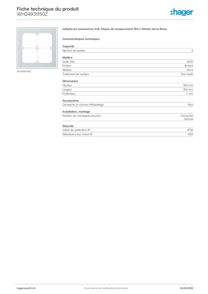 Image Hager Fiche technique du produit WH24931150Z | Hager Suisse