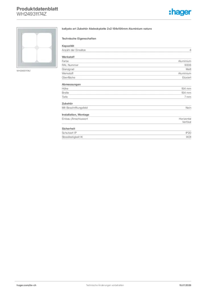 Bild Hager Produktdatenblatt WH24931174Z | Hager Schweiz