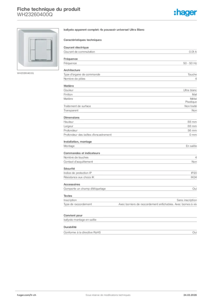 Image Hager Fiche technique du produit WH23260400Q | Hager Suisse