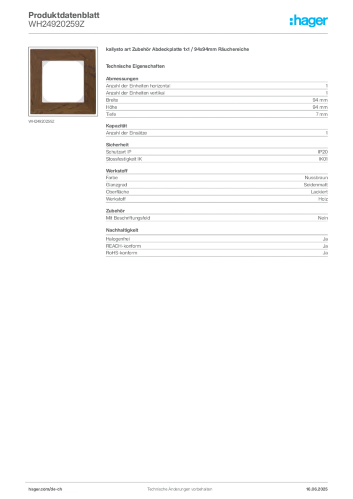 Bild Hager Produktdatenblatt WH24920259Z | Hager Schweiz