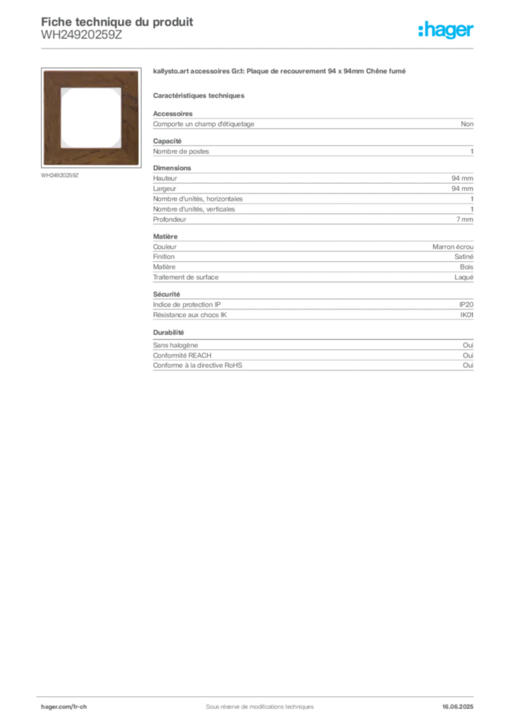 Image Hager Fiche technique du produit WH24920259Z | Hager Suisse