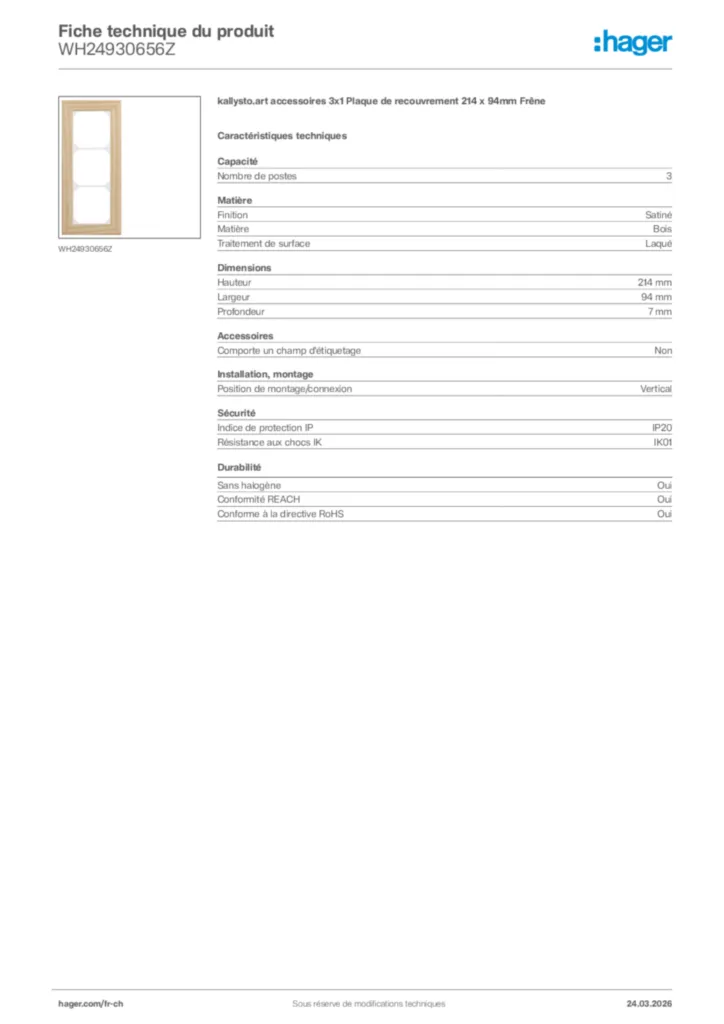 Image Hager Fiche technique du produit WH24930656Z | Hager Suisse