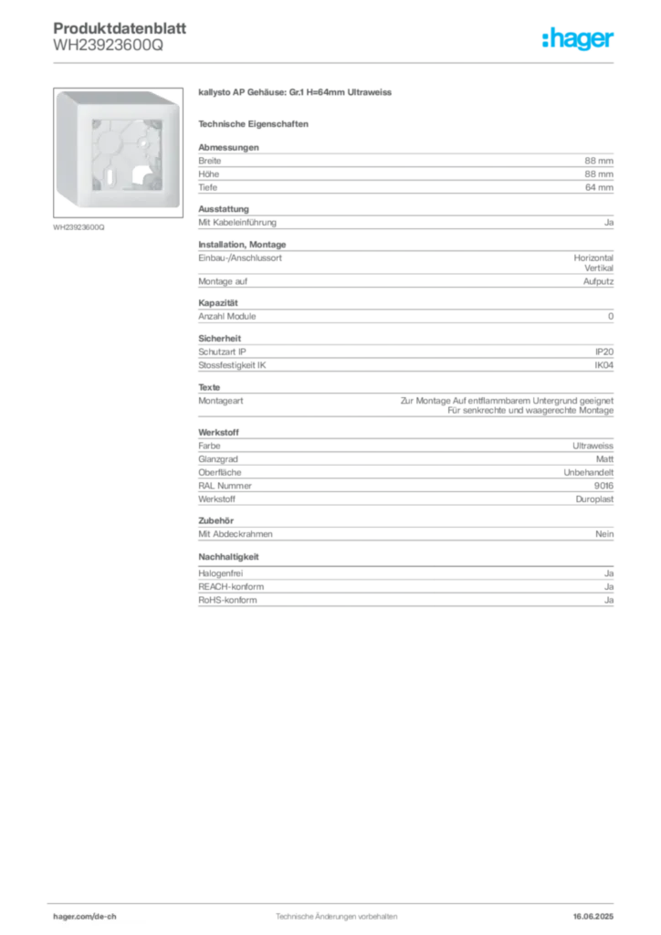Bild Hager Produktdatenblatt WH23923600Q | Hager Schweiz