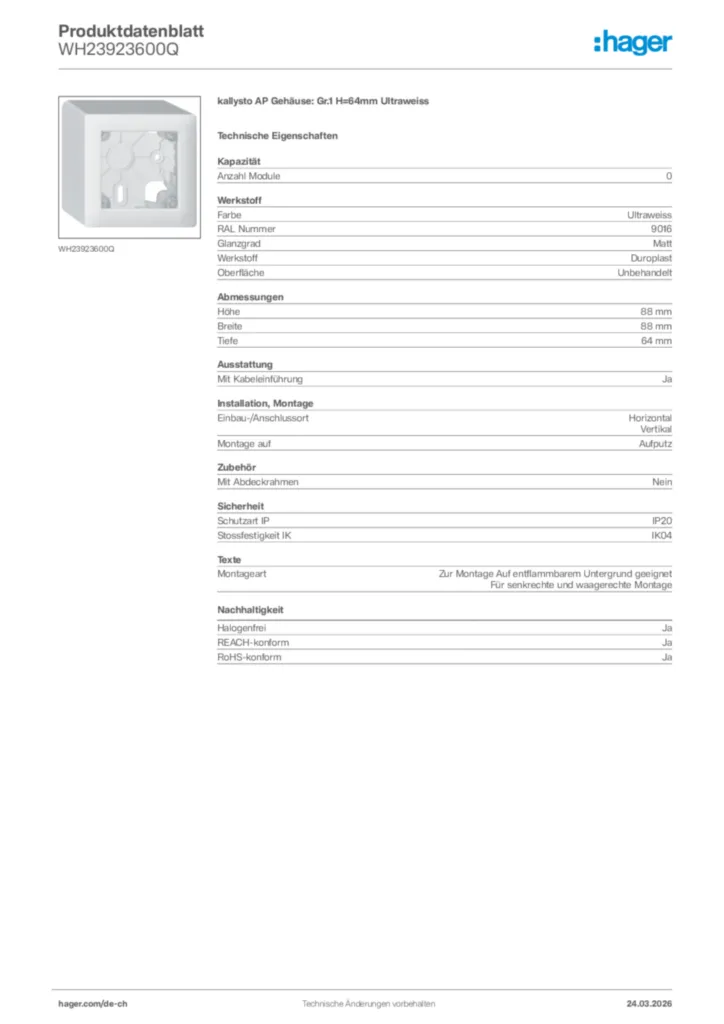 Bild Hager Produktdatenblatt WH23923600Q | Hager Schweiz