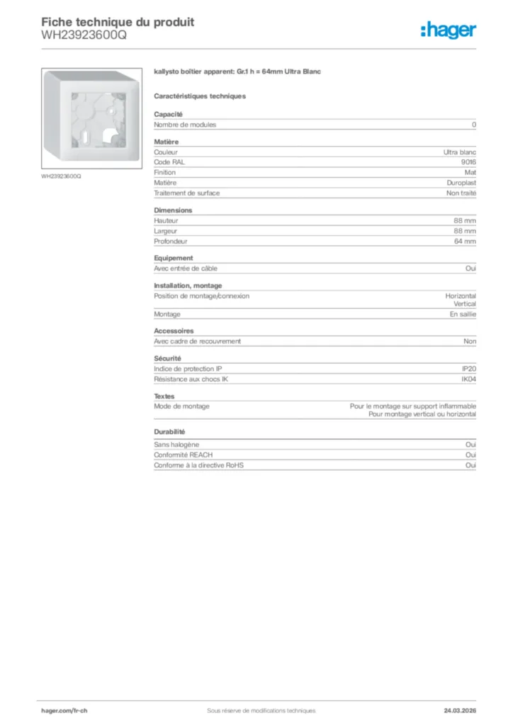 Image Hager Fiche technique du produit WH23923600Q | Hager Suisse