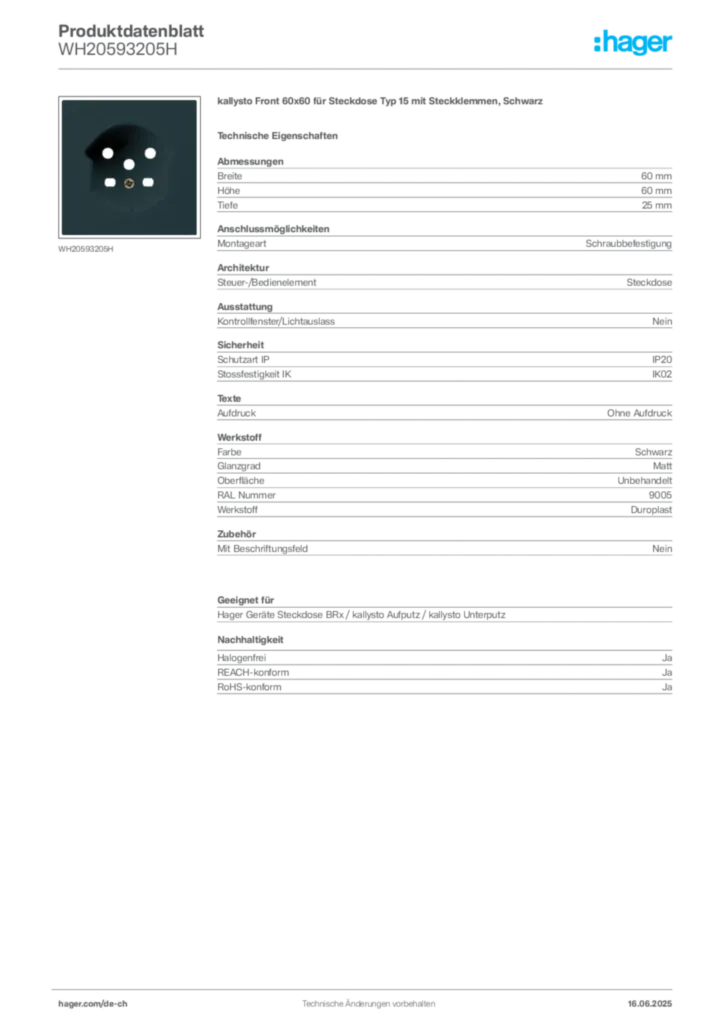Bild Hager Produktdatenblatt WH20593205H | Hager Schweiz