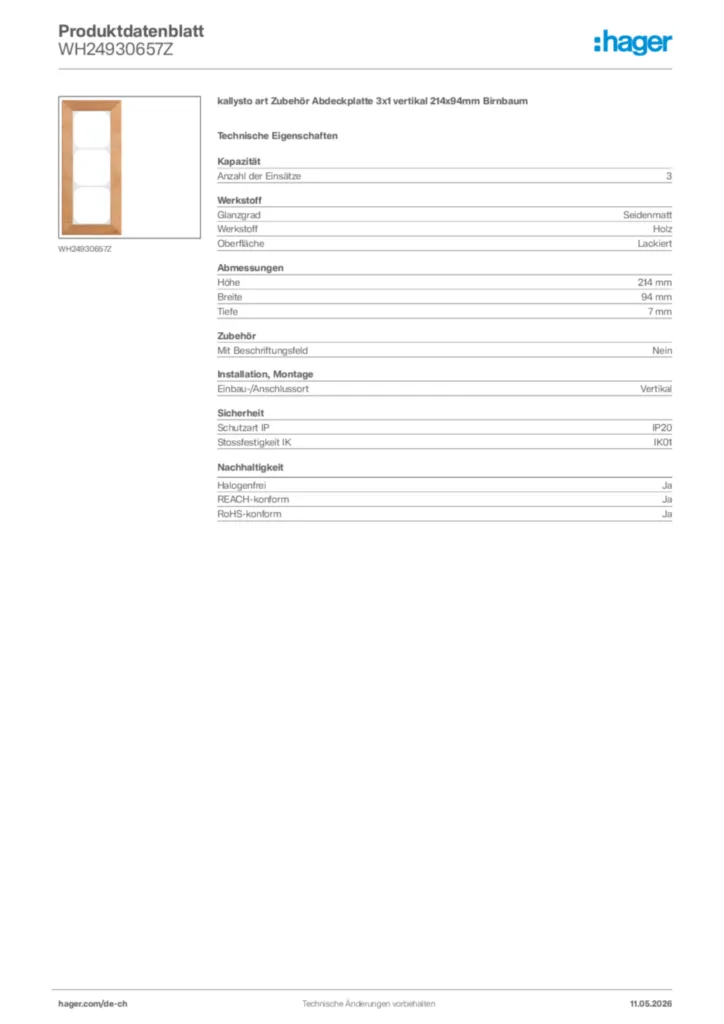 Bild Hager Produktdatenblatt WH24930657Z | Hager Schweiz