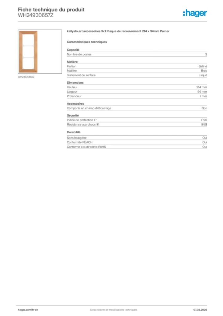Image Hager Fiche technique du produit WH24930657Z | Hager Suisse