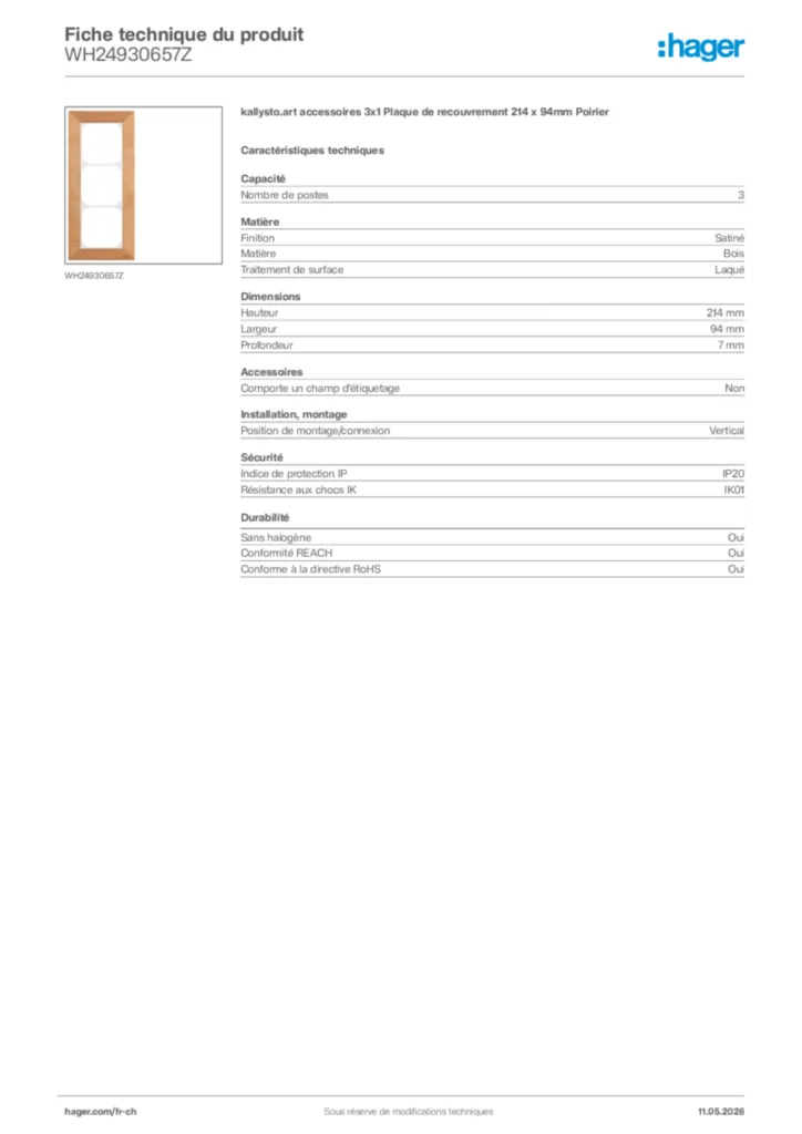 Image Hager Fiche technique du produit WH24930657Z | Hager Suisse