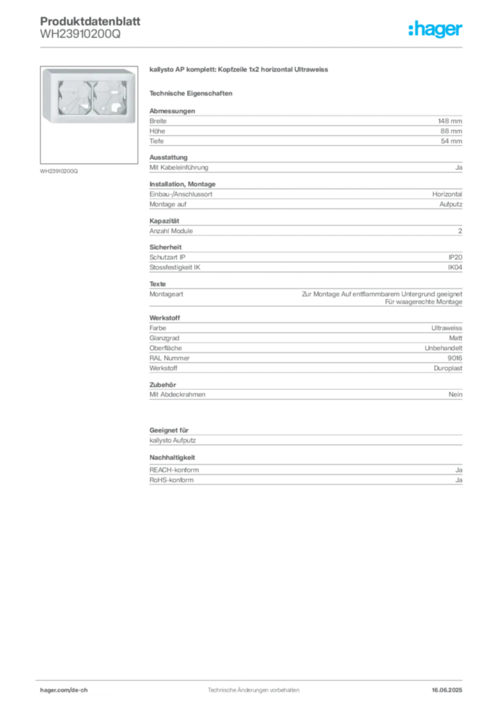 Bild Hager Produktdatenblatt WH23910200Q | Hager Schweiz