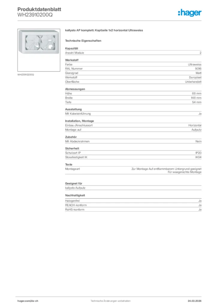 Bild Hager Produktdatenblatt WH23910200Q | Hager Schweiz