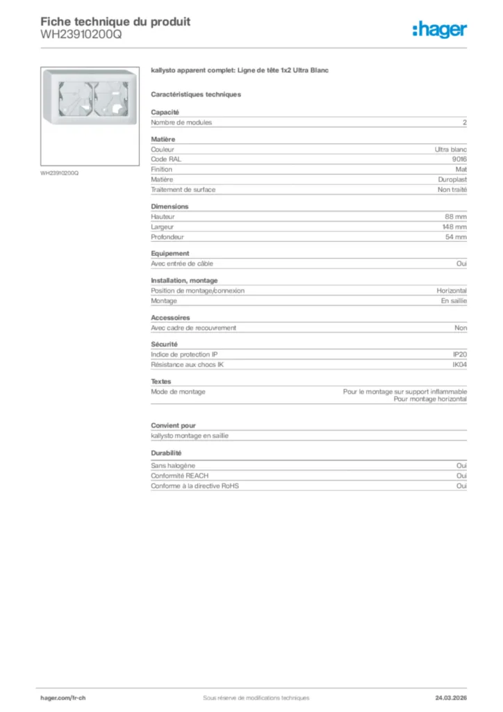 Image Hager Fiche technique du produit WH23910200Q | Hager Suisse