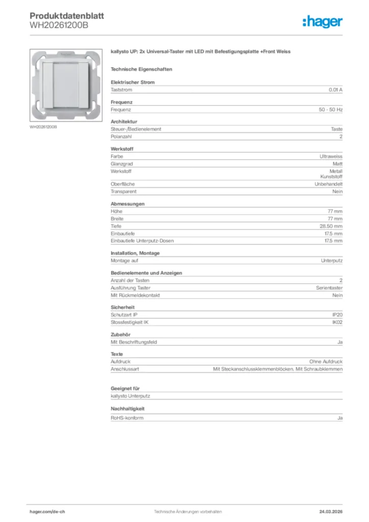 Bild Hager Produktdatenblatt WH20261200B | Hager Schweiz