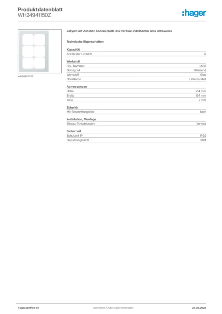 Bild Hager Produktdatenblatt WH24941150Z | Hager Schweiz