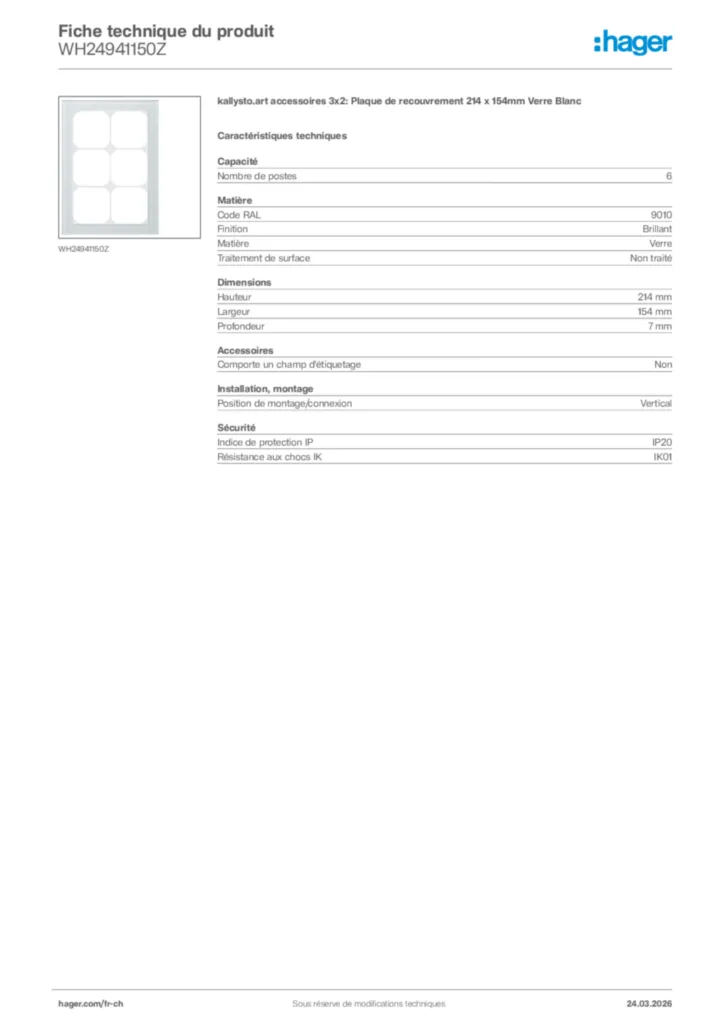 Image Hager Fiche technique du produit WH24941150Z | Hager Suisse