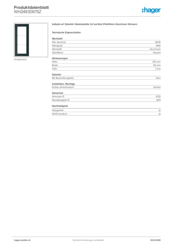 Bild Hager Produktdatenblatt WH24930675Z | Hager Schweiz