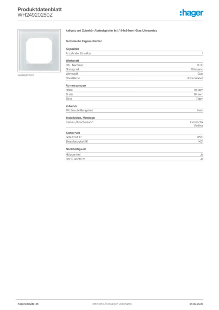 Bild Hager Produktdatenblatt WH24920250Z | Hager Schweiz