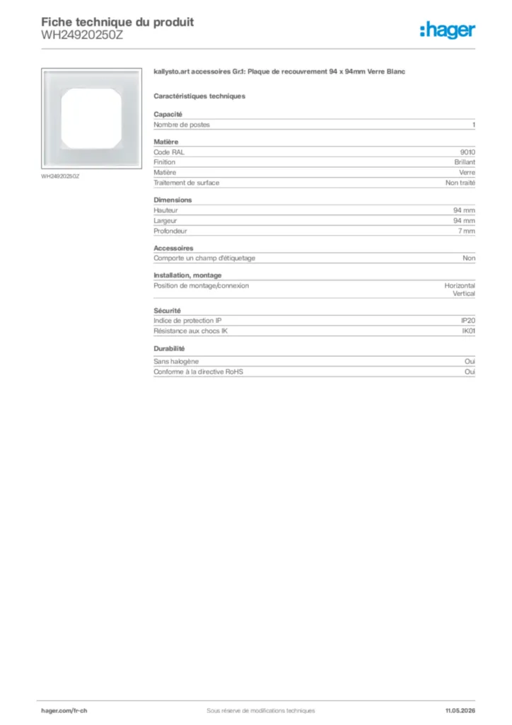 Image Hager Fiche technique du produit WH24920250Z | Hager Suisse