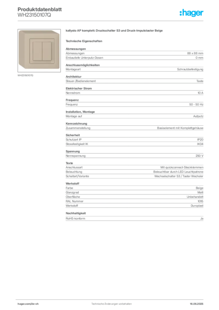 Bild Hager Produktdatenblatt WH23150107Q | Hager Schweiz