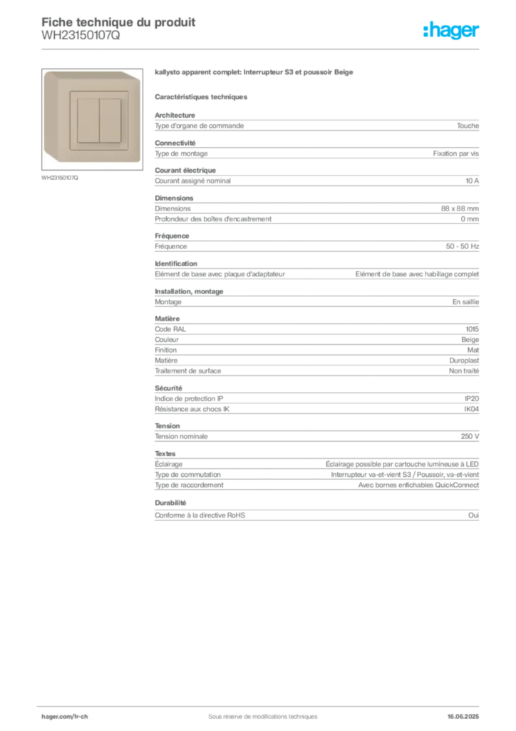 Image Hager Fiche technique du produit WH23150107Q | Hager Suisse