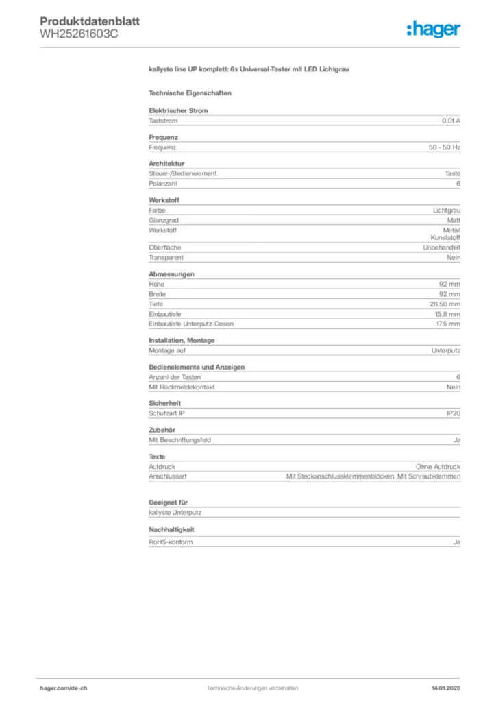 Bild Hager Produktdatenblatt WH25261603C | Hager Schweiz
