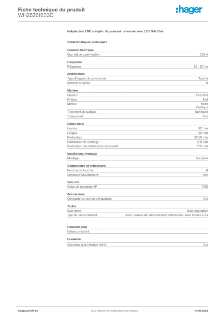 Image Hager Fiche technique du produit WH25261603C | Hager Suisse