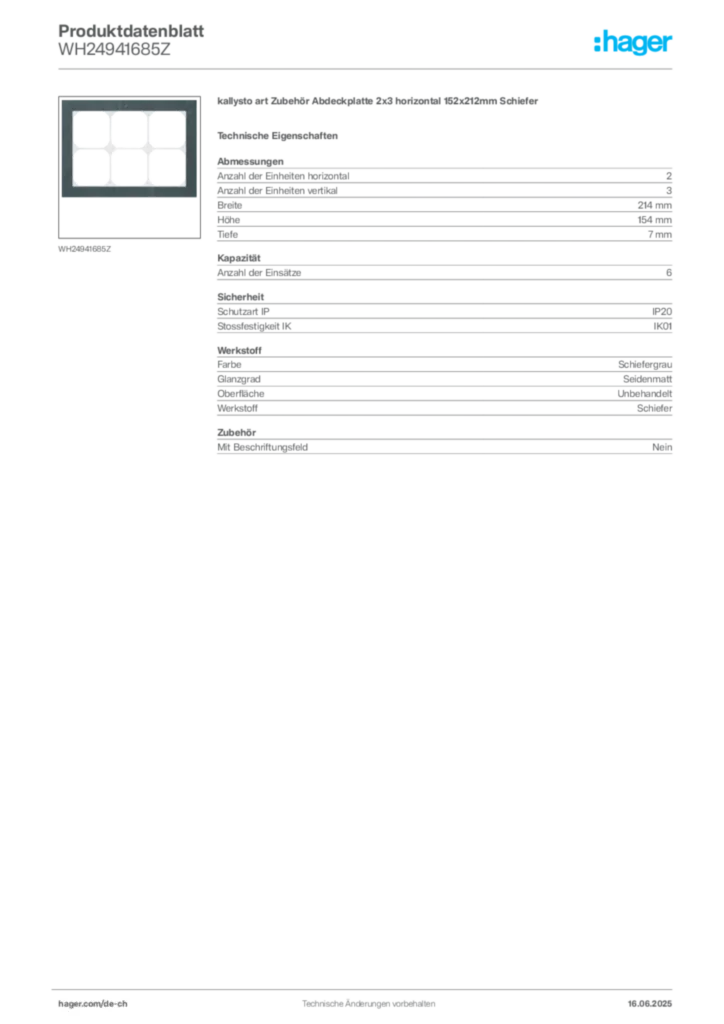 Bild Hager Produktdatenblatt WH24941685Z | Hager Schweiz
