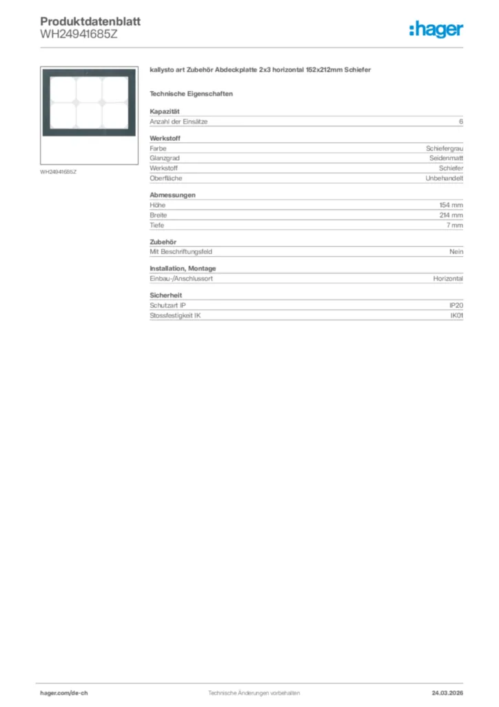 Bild Hager Produktdatenblatt WH24941685Z | Hager Schweiz