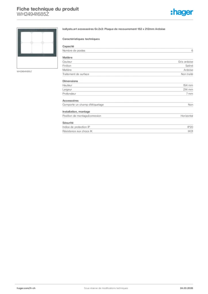 Image Hager Fiche technique du produit WH24941685Z | Hager Suisse
