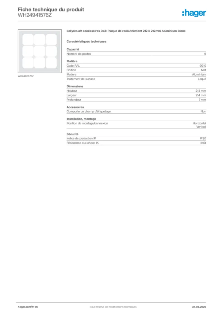 Image Hager Fiche technique du produit WH24941576Z | Hager Suisse