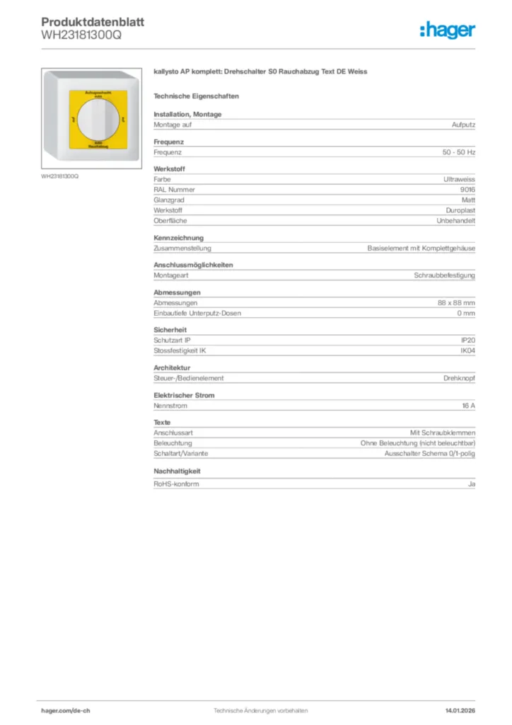 Bild Hager Produktdatenblatt WH23181300Q | Hager Schweiz
