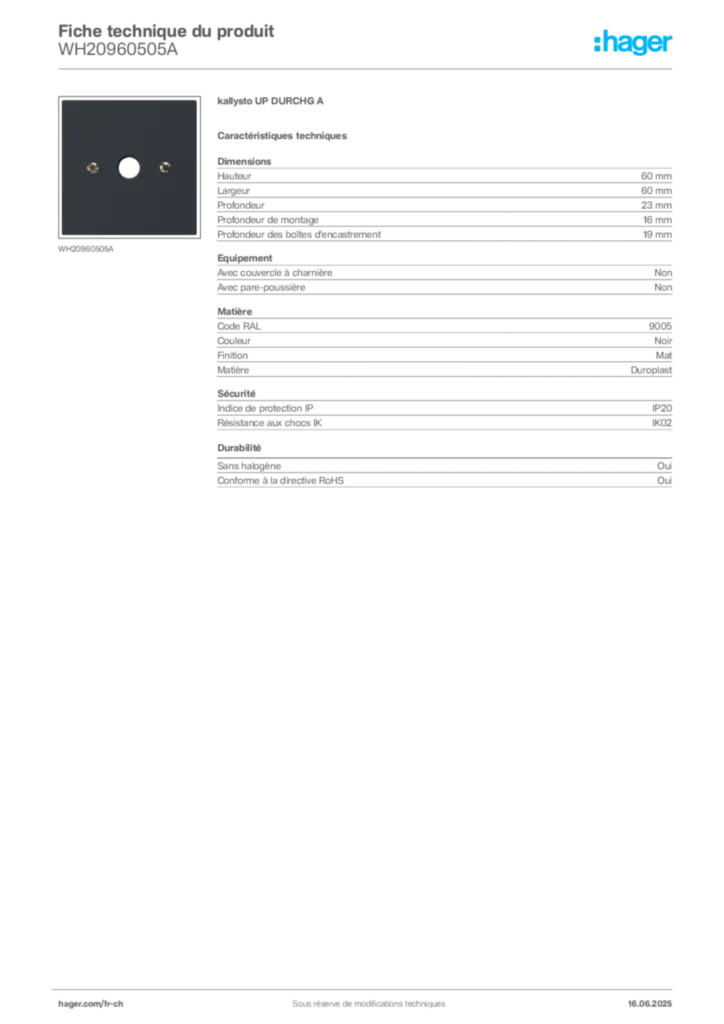 Image Hager Fiche technique du produit WH20960505A | Hager Suisse