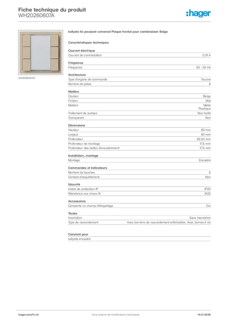 Image Hager Fiche technique du produit WH20260607A | Hager Suisse