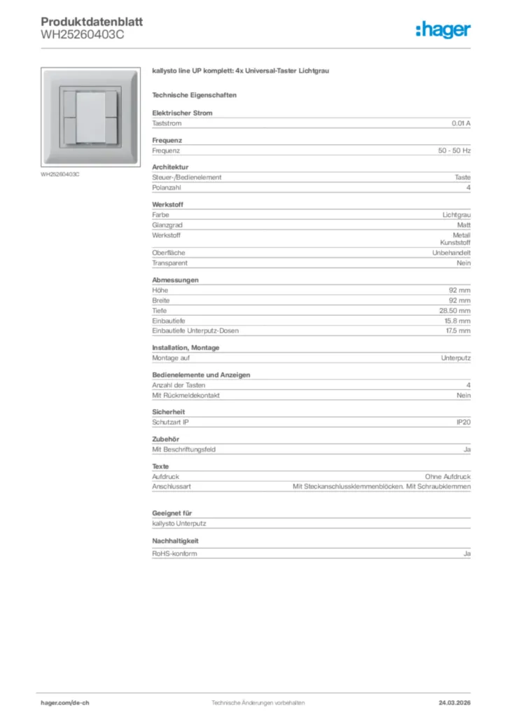 Bild Hager Produktdatenblatt WH25260403C | Hager Schweiz